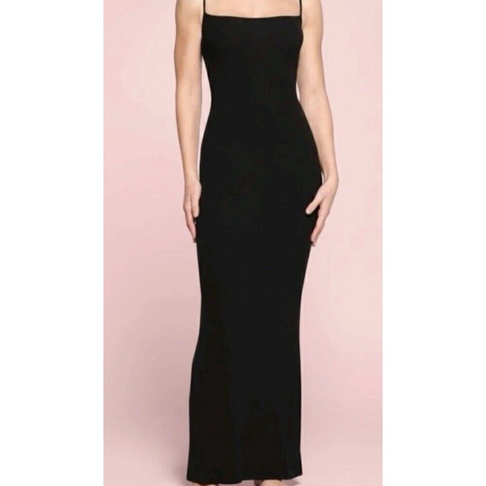 NWOT SKIMS Soft Lounge Long Slip Dress AP-DRS-0596 Onyx XXSmall Black Rib Maxi